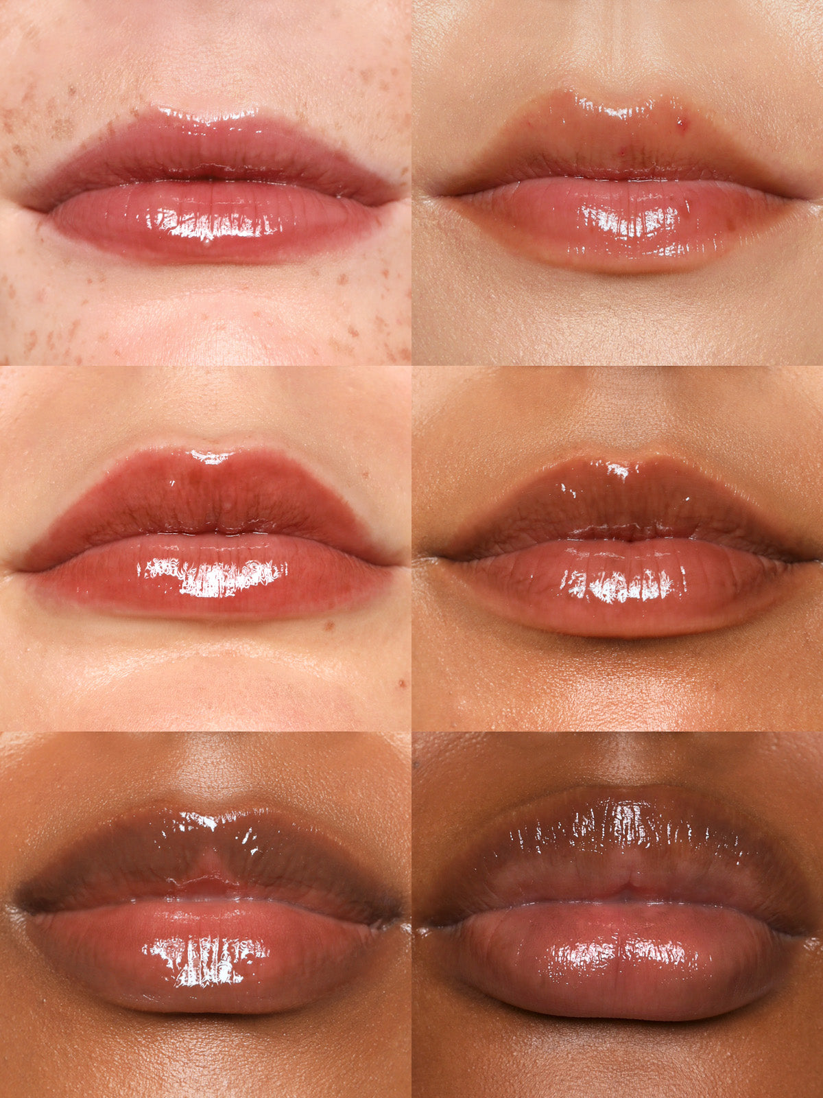 REFY LIP GLOSS IN SHADE SEPIA ON DIFFERENT SKIN TONES