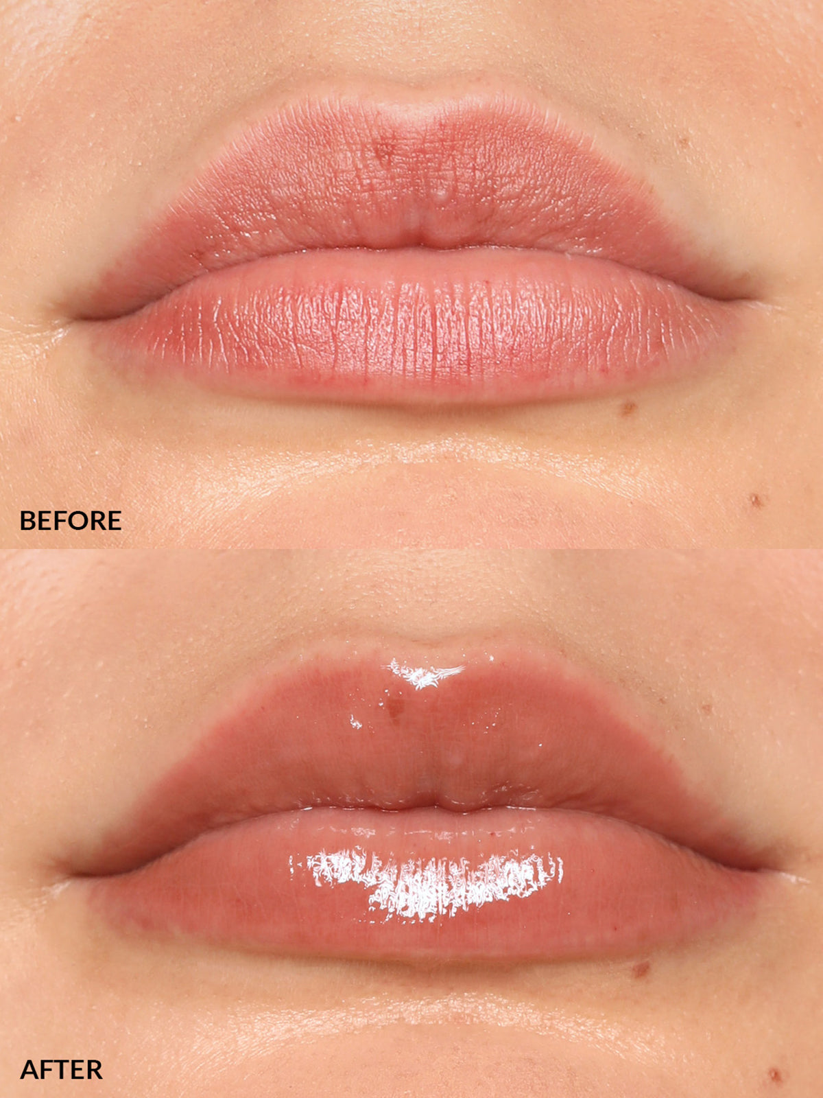 LIPS BEFORE AND AFTER REFY LIP GLOSS IN TAUPE
